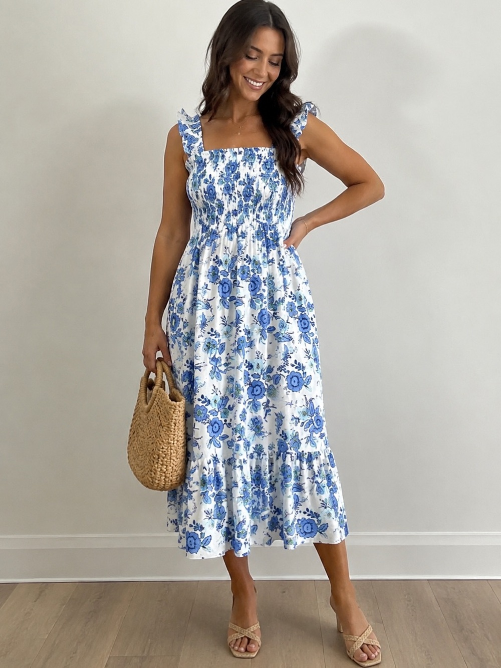 Haute Hippie Floral Cotton Smocked Dress US 8 UK 12 White Blue Ruffle